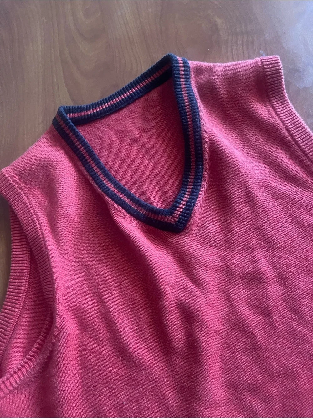 Sleeveless V-Neck Knit Sweater Vest in Raspberry with Contrast Trim